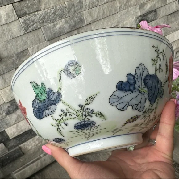 1960s Vintage Chinoiserie Hand Painted Lotus Bowl with Koi Fish Decorative Bowl